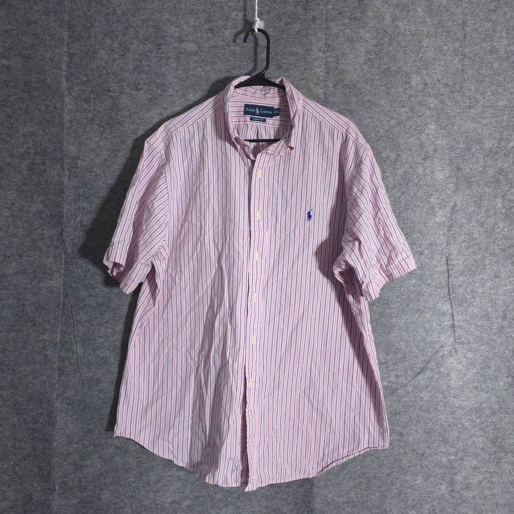 Ralph Lauren Shirt Mens XL Pink Blue Stripe Short Sleeve Classic Fit Pony Preppy